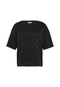 Zwart T-shirt met korte mouwen en een losse pasvorm, met uitgesneden geometrische patronen aan de voorkant. Gemaakt van een zachte, lichte stof.
