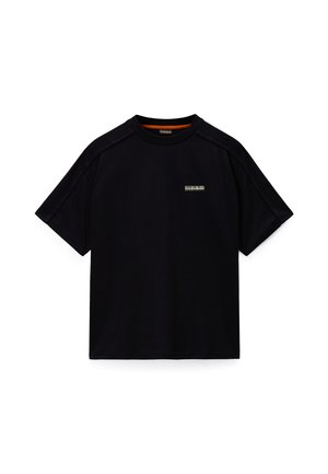 Black short-sleeve T-shirt with small white logo on the left chest and orange detail inside the collar.