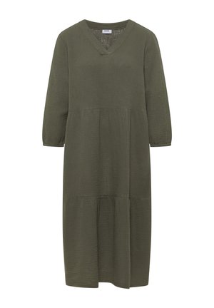 Robe midi vert olive à manches longues avec décolleté en V, détail froncé à la taille et tissu texturé.