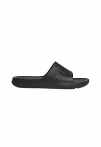 Black slide sandal made of durable material, featuring a wide strap, textured footbed, and subtle branded accents. Lightweight design.