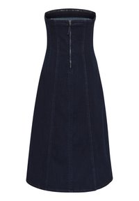 Dark denim skirt with a fitted bodice and flared hem, featuring a back zipper and vertical seams for structured design.