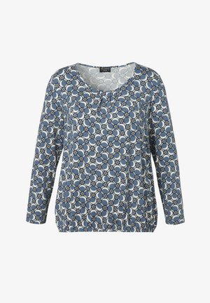 Langärmliges, blau gemustertes Oberteil mit kreisförmigen Motiven in Weiß und Beige. Rundhalsausschnitt mit einem dezenten Faltendetail vorne.
