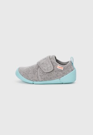 Gray felt toddler shoe with light blue rubber sole and toe cap, Velcro strap, and pull tab at heel.