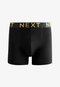 Boxeri negri din bumbac neted, având o talie elastică lată cu "NEXT" imprimat în litere mari de culoare galbenă.