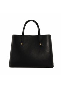 Black leather tote bag with two top handles, structured shape, textured surface, and gold-tone hardware accents at the sides.