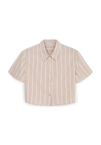 Camicetta corta a maniche corte in beige con righe verticali bianche, con colletto a punta e chiusura frontale con bottoni. Tessuto liscio.