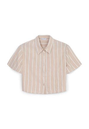 Chemise courte à manches courtes en beige avec des rayures verticales blanches, dotée d'un col pointu et d'une fermeture à boutons sur le devant. Texture lisse.