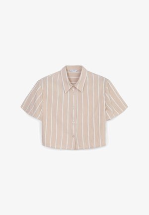 Camicetta corta a maniche corte in beige con righe verticali bianche, con colletto a punta e chiusura frontale con bottoni. Tessuto liscio.