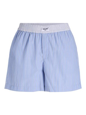 Világoskék és fehér, függőleges csíkos, elasztikus derékrészü boxeralsó, középen elöl címkével.