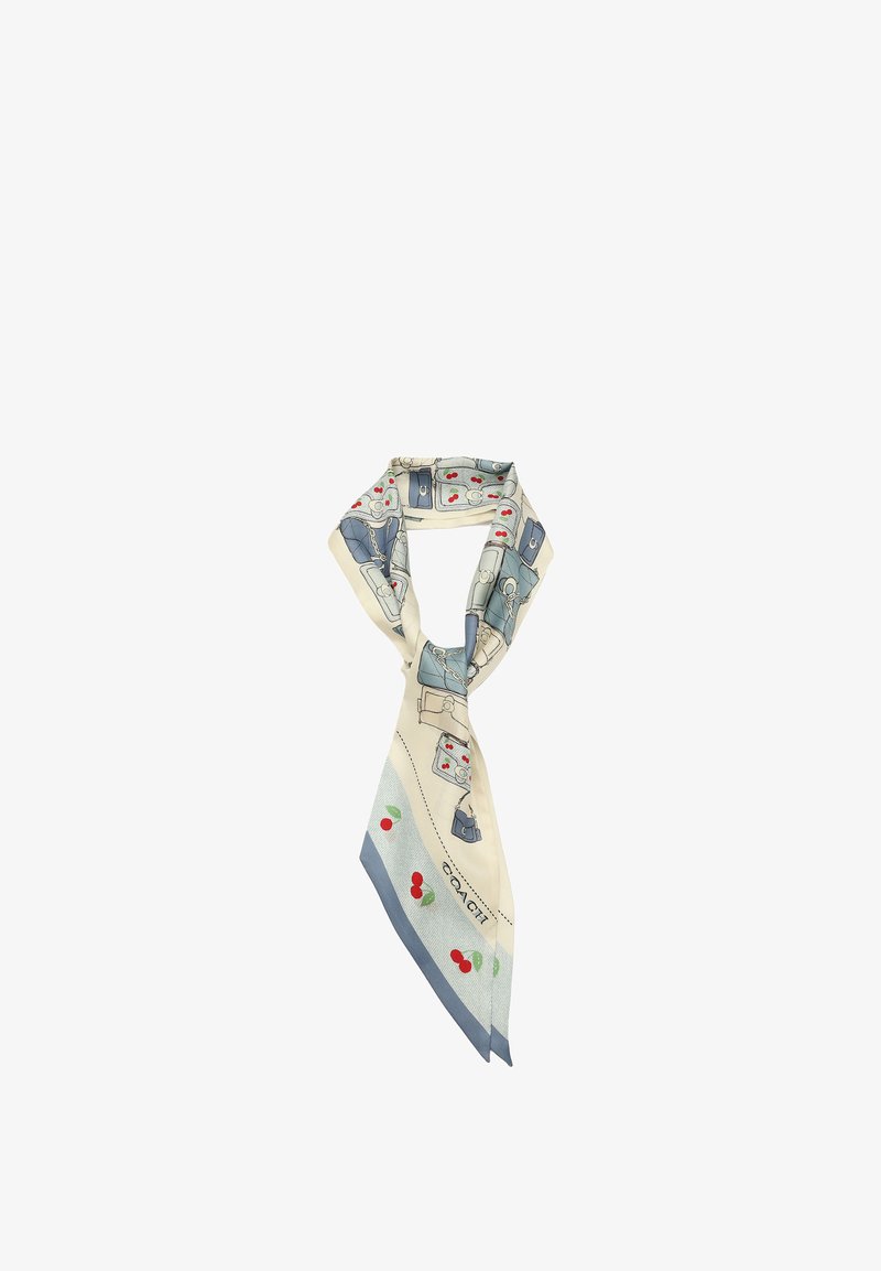 Foulard en soie aux tons bleu et crème, avec des motifs de cerises et des illustrations de sacs à main, noué en un nœud lâche.