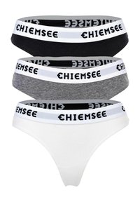 Drei Paar Damenunterwäsche in Schwarz, Grau und Weiß mit elastischen Bund, auf denen "CHIEMSEE" in Schwarz aufgedruckt ist. Weicher Baumwollstoff.