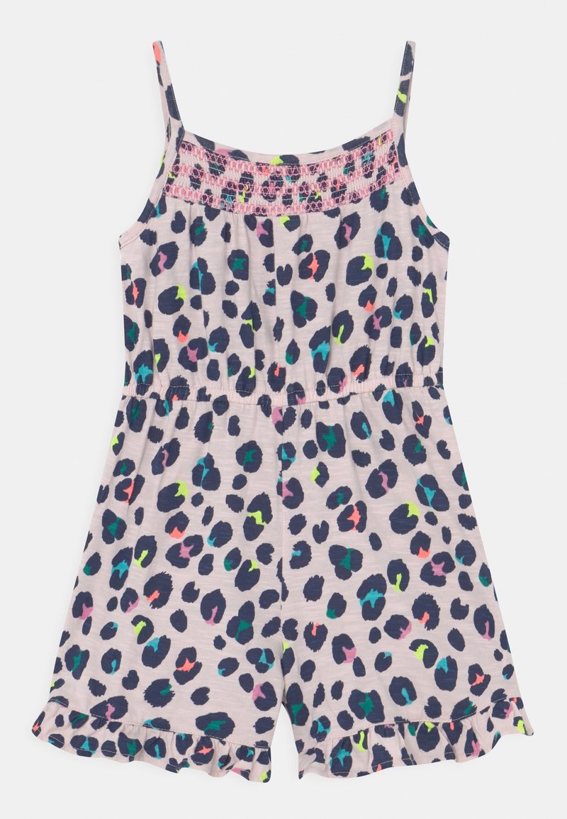 Combinaison sans manches pour filles avec imprimé léopard multicolore, encolure smockée, taille élastique et ourlet à volants sur tissu rose clair.
