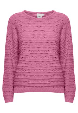 Rosa gestrickter Pullover mit einem strukturierten Streifenmuster, runder Ausschnitt und gerippten Bündchen an den Ärmeln und am Saum.
