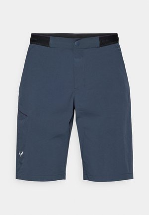 Pantaloni scurți de culoare bleumarin, confecționați dintr-un material ușor. Dispun de un tiv negru, închidere frontală cu nasture și o buzunar lateral cu detalii discrete de cusătură.