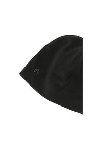 Musta pipo, joka on valmistettu pehmeästä kankaasta ja jossa on terävä pää, ja jossa on hienovarainen brodeerattu logo sivulla sekä sileä pinta.