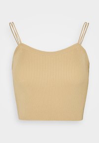 Crop top côtelé en beige clair avec de fines bretelles spaghetti. Texture douce et design ajusté, avec un décolleté droit et des bords nets.