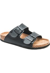 Svarta sandaletter med två remmar och justerbara spännen, korkfotbädd och gummisula. Texturerat läderövre med mockafoder.