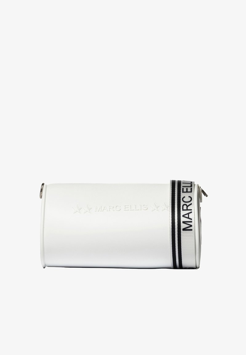 White cylindrical bag made of smooth material, featuring a black and white striped strap with embossed "MARC ELLIS" logo and silver zipper.