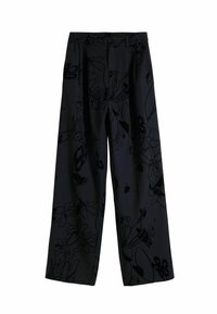 Black wide-leg pants with a floral pattern in dark tones, featuring an elastic waistband and smooth texture. Suitable for casual wear.