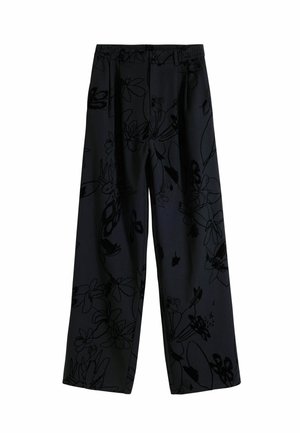 Black wide-leg pants with a floral pattern in dark tones, featuring an elastic waistband and smooth texture. Suitable for casual wear.