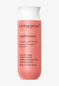 Pink cylindrical bottle with a white cap, labeled "Living proof. curl conditioner." Text includes "sulfate-free" and holds 60 mL.