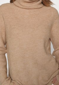 Beige Rollkragenpullover aus weichem, strukturiertem Strickstoff. Hat lange Ärmel und eine lockere Passform mit gerippten Akzenten am Hals.