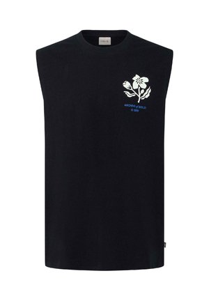 Camiseta negra sin mangas con gráfico floral blanco y texto azul "ARCHIVE of SOLID © 1999" en el pecho izquierdo.