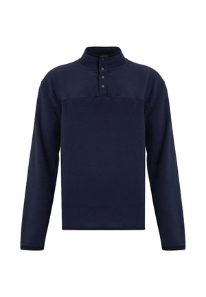 Pullover in pile navy con colletto alto, caratterizzato da una patta con bottoni e maniche lunghe, texture liscia e vestibilità rilassata.