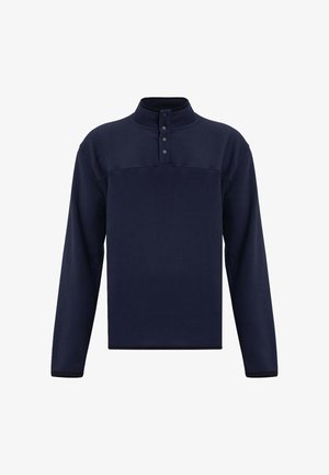 Dunkelblauer Fleece-Pullover mit hohem Kragen, Knopfverschluss und langen Ärmeln, glatter Textur und lockerer Passform.