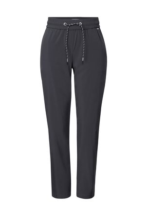 Mørk grå, letvægts joggerbukser med elastisk talje, justerbar snor og tapered ben. Glat tekstur, ingen mønstre.