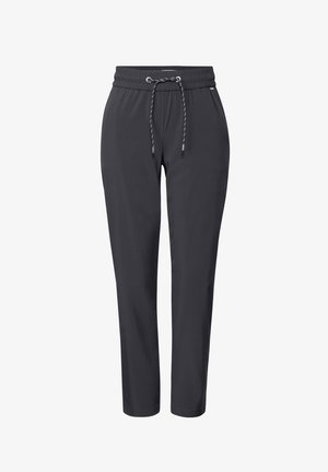 Pantaloni jogger leggeri di colore grigio scuro con vita elastica, stringa regolabile e gambe affusolate. Tessuto liscio, senza motivi.