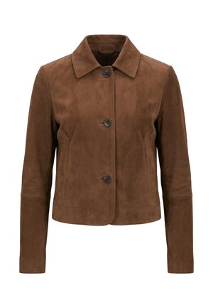 Veste en daim marron à manches longues, col pointu et trois boutons foncés sur le devant, présentée sur un fond blanc.