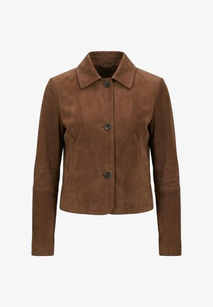 Brun ruskindsjakke med lange ærmer, en spids krave og tre mørke knapper ned foran, vist på en hvid baggrund.