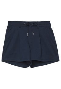 Mörkblå shorts tillverkade av mjukt tyg, med dragsko i midjan, framfickor och ledig passform. Byxorna har en slät yta.