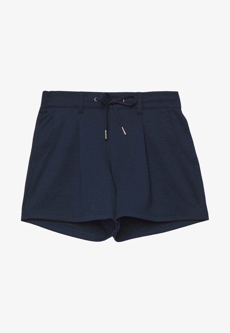 Navy blue shorts made from soft fabric, featuring a drawstring waist, front pockets, and a relaxed fit. Pants have a smooth texture.