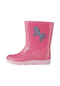 Botte de pluie en caoutchouc rose avec un motif texturé d'un cheval cabré. La botte présente une semelle blanche et une finition lisse et brillante.
