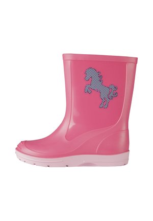 Stivale da pioggia in gomma rosa con una grafica testurizzata di un cavallo che si erge. Lo stivale presenta una suola bianca e una finitura liscia e lucida.