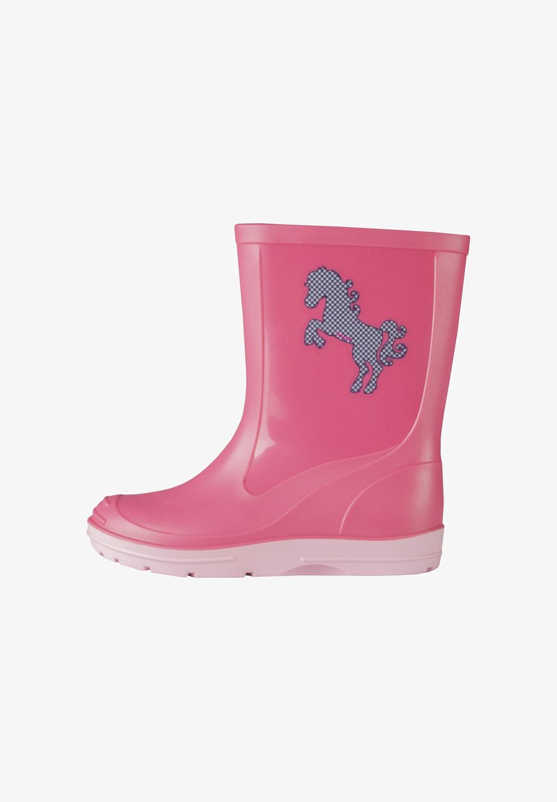 Botte de pluie en caoutchouc rose avec un motif texturé d'un cheval cabré. La botte présente une semelle blanche et une finition lisse et brillante.