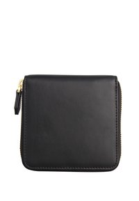 Juodas odinis piniginė su lygiu paviršiumi, kvadrato forma ir auksine užtrauktuku su traukimo fiksatoriumi. Nėra matomų raštų ar akcentų.