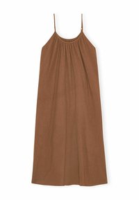 Rochie maxi maro, fără mâneci, cu bretele subțiri și decolteu elastic, având o textură netedă și o siluetă relaxată, fluidă.