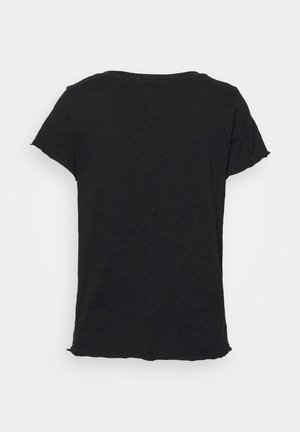 Black short-sleeve t-shirt with a round neckline, displayed from the back on a plain white background.