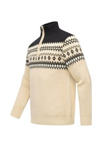 Beige- und schwarzer Pullover mit einem hohen Kragen, halbem Reißverschluss und einem geometrischen Muster in Schwarz und Creme auf der Brust und den Schultern.