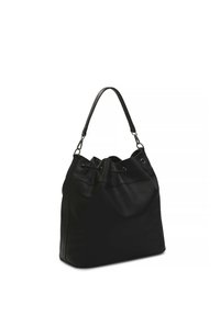 Black leather bucket bag with a drawstring closure, smooth texture, short handle, and silver-tone hardware accents.