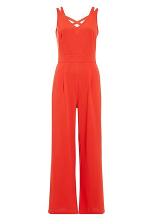 Mouwloze feloranje jumpsuit met wijde pijpen en V-hals met gekruiste bandjes op de borst en een aangesloten tailleband.