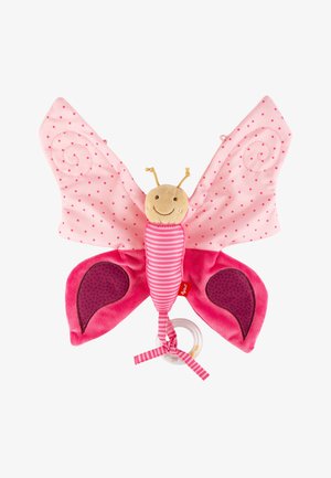 Soft butterfly toy with pink polka dot wings, striped body, and smiling face. Features textured accents and a circular teething ring.