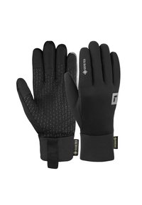 Schwarze Handschuhe mit einer strukturierten Grifffläche in der Handfläche, hergestellt aus Gore-Tex Material. Sie besitzen eine glatte Außenschicht und elastische Handgelenkbündchen.