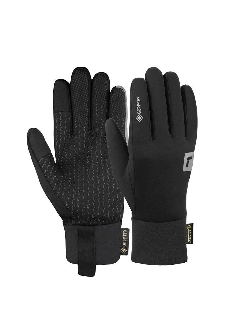Schwarze Handschuhe mit einer strukturierten Grifffläche in der Handfläche, hergestellt aus Gore-Tex Material. Sie besitzen eine glatte Außenschicht und elastische Handgelenkbündchen.