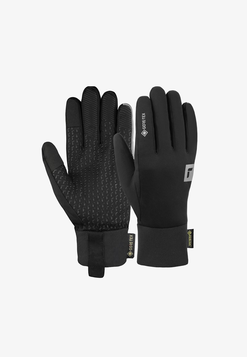 Schwarze Handschuhe mit einer strukturierten Grifffläche in der Handfläche, hergestellt aus Gore-Tex Material. Sie besitzen eine glatte Außenschicht und elastische Handgelenkbündchen.