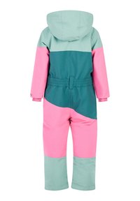 Kleurvolle kindersneeuwoverall met een capuchon; heeft groene en roze panelen, een elastische tailleband en taps toelopende benen. Gemaakt van weerbestendig materiaal.