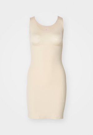 Rochie bej fără mâneci, cu un design ajustat, textură netedă și lungime până la genunchi. Fabricată dintr-un material elastic, ușor.